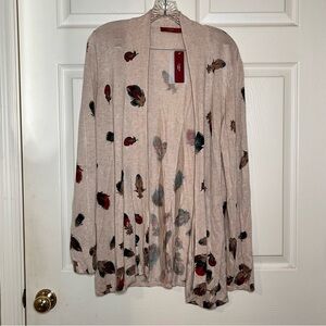 Cyrus Boho Open Front Cardigan Beige Plus Size 1X feather southwest design NWT